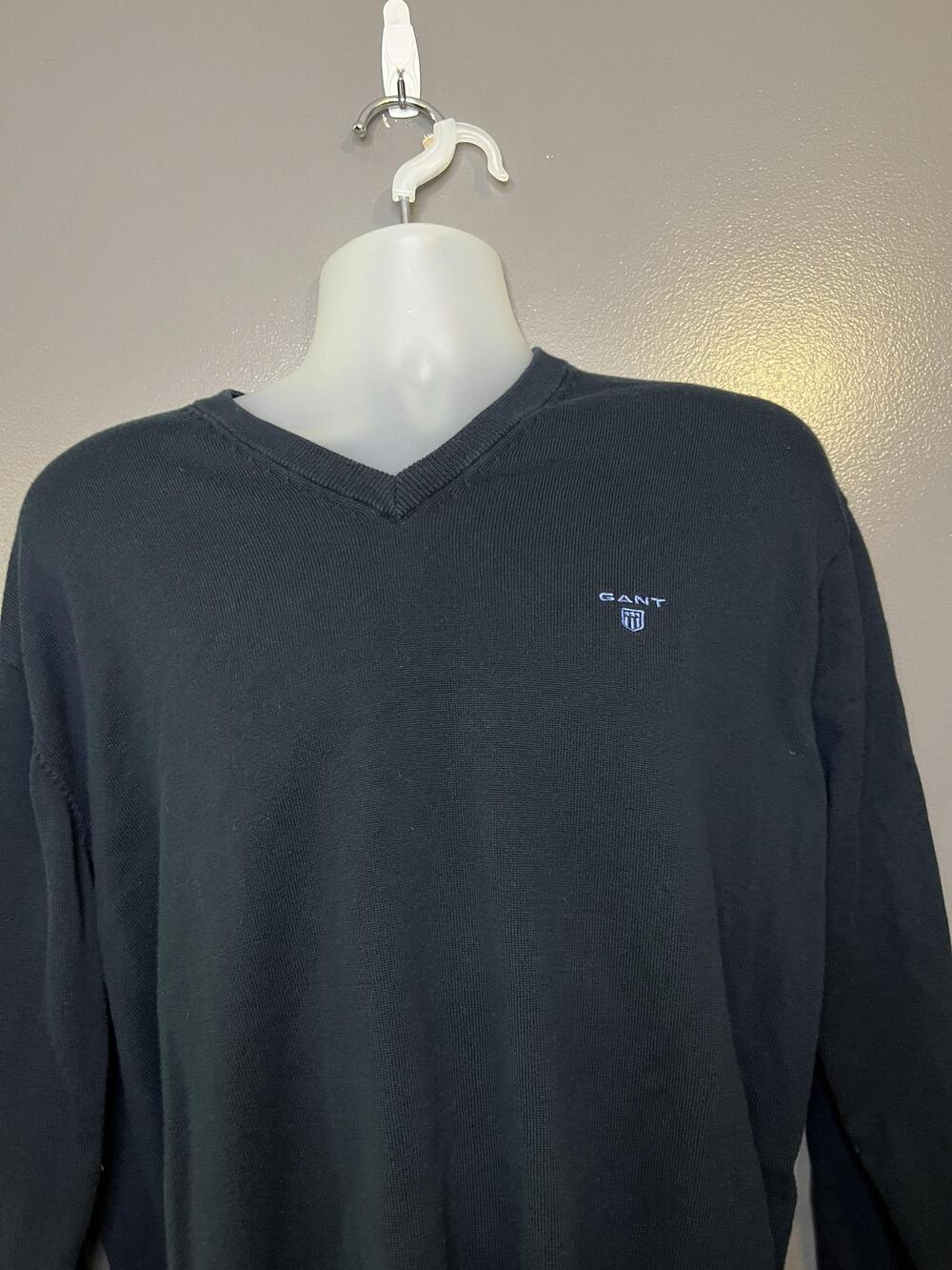 GANT Sweater Mens XL Black V Neck 100% Cotton Logo Knit Pullover Classic Fit